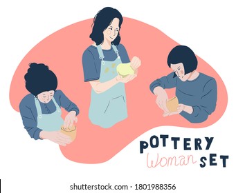 Concept of three creative woman characters making clay pottery vases or pots.Traditional hobby craftsmanship ceramics workshop. Stickers stock vector illustration isolated on white.Flat cartoon style.
