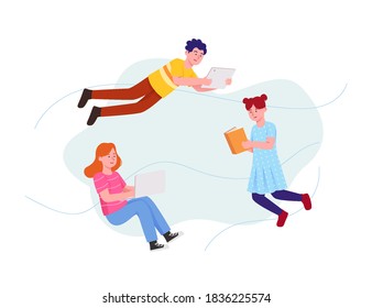Concept of Three Kids Reading With Book and Gadget Flat Illustration
