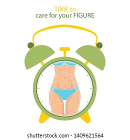 The concept of time and body care. Time to care for your body. Female figure, time to change your figure. Sport, healthy eating, sleep and daily regimen.