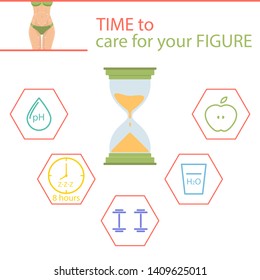 The concept of time and body care. Time to care for your body. Female figure, time to change your figure. Sport, healthy eating, sleep and daily regimen.