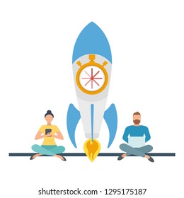The concept of time in business. Time to start a startup, quick project implementation. Time for a start-up, quickly come up with a business idea. Vector illustration.