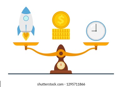 The concept of time in business. Time to start a startup, quick project implementation. Time for a start-up, quickly come up with a business idea. Vector illustration.