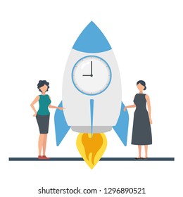 The concept of time in business. Time to start a startup, quick project implementation. Time for a start-up, quickly come up with a business idea. Vector illustration.