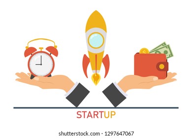 The concept of time in business. Time to start a startup, quick project implementation. Time for a start-up, quickly come up with a business idea. Vector illustration.