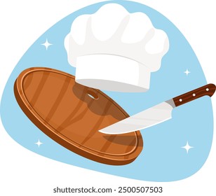  Concepto de tiempo para cocinar, tabla de cortar de madera con cuchillo y sombrero de chef