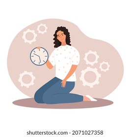 Concept of time. Girl sits on her knees with clock in her hands. Character sets himself up alarm clock, time management, planning, goal setting. Schedule of day. Cartoon flat vector illustration