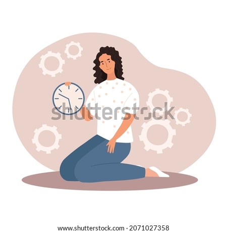 Concept of time. Girl sits on her knees with clock in her hands. Character sets himself up alarm clock, time management, planning, goal setting. Schedule of day. Cartoon flat vector illustration