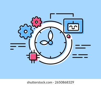 un concepto de gestión del tiempo con IA. gestión del tiempo y el horario con la ayuda de inteligencia artificial. servicios y tecnología. ilustración de reloj, engranajes y símbolos de robot. esquema plano