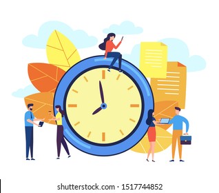 Concept time management banner with people, for web page. Flat design vector illustration isolated. Planning. Organization of process. Team work. Time