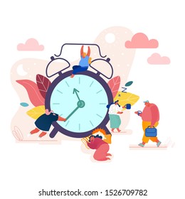 Concept Time Management, Businessman in a Hurry, Alarm Clock Rings, Sleeping Woman with Coffee for banner, presentation, social media, posters. Vector illustration