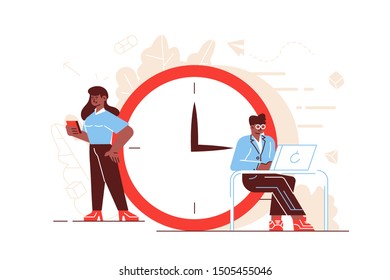 Concept time management, Businessman working on isometric clock for web page, banner, presentation, social media, documents, cards, posters. Vector illustration, Organization of process. team work