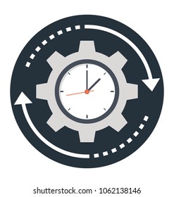 
Concept of time management. Clock with gear and icon in the style of flat illustration 
