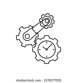 Concept of time management. Clock and gears icon. Outline thin line flat illustration. Isolated on white background. 