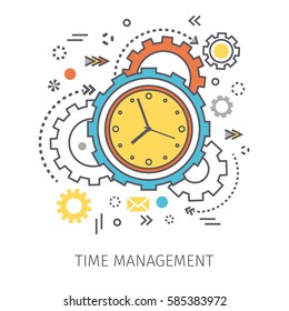 Concept of time management. Clock with gears and icons in the style of line art. Vector illustration.