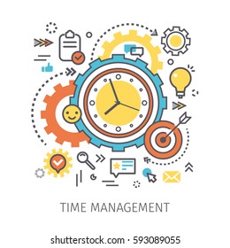 Concept of time management. Clock with gears and icons in the style of line art. Flat design, line art vector illustration