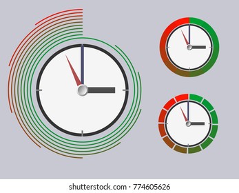 Concept of time management. Clock with green and red lines. Vector illustration.