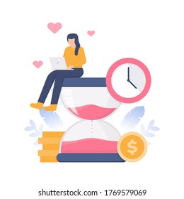 the concept of time management, deadlines, productivity. illustration of a woman sitting on an hourglass while working on a laptop. flat design. can be used for elements, landing pages, UI, website