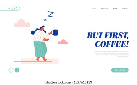 Concept Time Management Landing Page, Sleepy Woman Drinking Coffee for Website or Web Page Template. Cartoon Flat Vector illustration