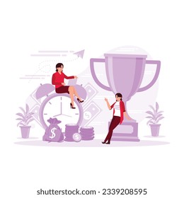 concept of time management. Successful female employees at work. Women sitting on clocks, women sitting in front of chalices. Trend Modern vector flat illustration