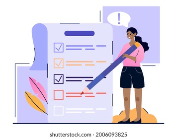 Concept of time management. A woman with a pencil marks the completed tasks in her to-do list with a tick. Goals for the day. Cartoon modern flat vector illustration isolated on a white background