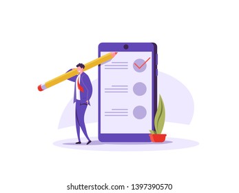 Concept of time managment, checklist, business tasks. Positive business man with a giant pencil beside to a checklist marked on paper on the clipboard. Vector illustration of flat cartoon design