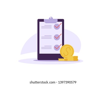 Concept of time managment, checklist, business tasks. Positive business man with a giant pencil beside to a checklist marked on paper on the clipboard. Vector illustration of flat cartoon design