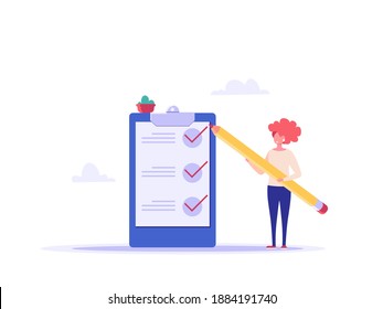 Concept of time managment, checklist, business tasks. Positive business man with a giant pencil beside to a checklist marked on paper on the clipboard. Vector illustration of flat cartoon design