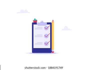 Concept of time managment, checklist, business tasks. Positive business man with a giant pencil beside to a checklist marked on paper on the clipboard. Vector illustration of flat cartoon design