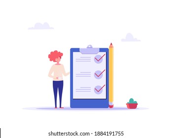 Concept of time managment, checklist, business tasks. Positive business man with a giant pencil beside to a checklist marked on paper on the clipboard. Vector illustration of flat cartoon design