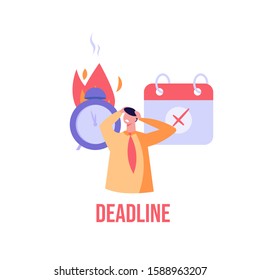 Concept of time managment, deadline, self control, self discipline. Vector illustration in flat cartoon design