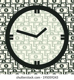 Concept Time Is Money. Clock on Seamless Pattern with Dollar Bills. Vector Background for Business. Bucks Currency.