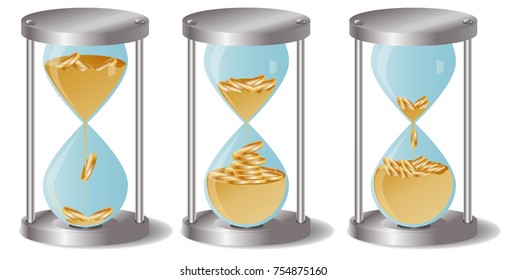 Concept time is money, money like sand, gold coins in an hourglass. Time management illustration. Time management business concept.