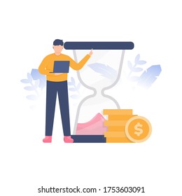 the concept of time is money, time management, schedule and planning. illustration of a man carrying a laptop standing next to an hourglass and coins. flat design. can be used for elements