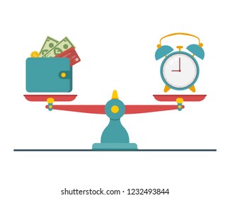 Concept of time and money. Time is more valuable than money. Time is money on scales icon. Money and time balance on scale. Vector illustration.