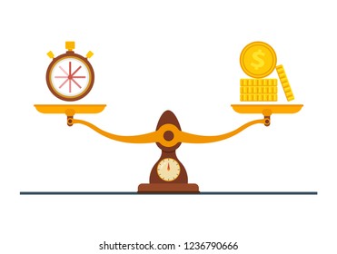 Concept of time and money. Time is more valuable than money. Time is money on scales icon. Money and time balance on scale. Vector illustration.