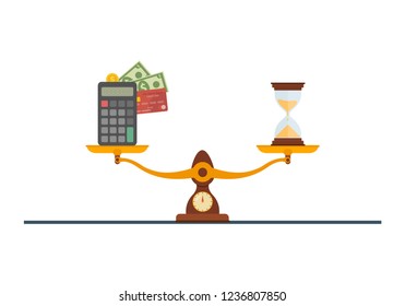 Concept of time and money. Time is more valuable than money. Time is money on scales icon. Money and time balance on scale. Vector illustration.