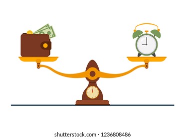 Concept of time and money. Time is more valuable than money. Time is money on scales icon. Money and time balance on scale. Vector illustration.