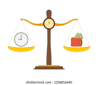 Concept of time and money. Time is more valuable than money. Time is money on scales icon. Money and time balance on scale. Vector illustration.