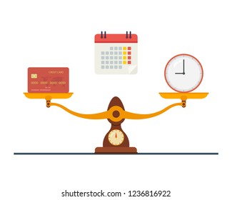 Concept of time and money. Time is more valuable than money. Time is money on scales icon. Money and time balance on scale. Vector illustration.