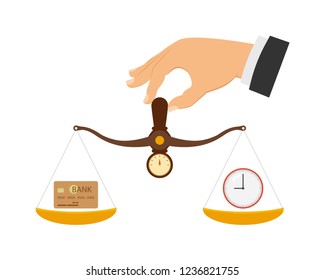 Concept of time and money. Time is more valuable than money. Time is money on scales icon. Money and time balance on scale. Vector illustration.