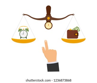 Concept of time and money. Time is more valuable than money. Time is money on scales icon. Money and time balance on scale. Vector illustration.
