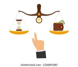 Concept of time and money. Time is more valuable than money. Time is money on scales icon. Money and time balance on scale. Vector illustration.