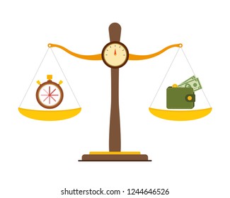 Concept of time and money. Time is more valuable than money. Time is money on scales icon. Money and time balance on scale. Vector illustration.