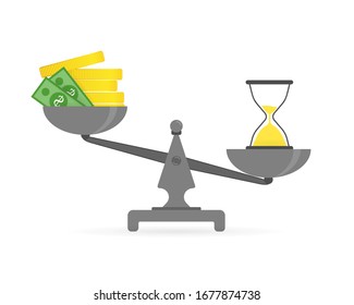 Concepto de tiempo y dinero. El tiempo es más valioso que el dinero. El tiempo es el dinero en balanzas icono en un fondo blanco en estilo plano. Ilustración vectorial.