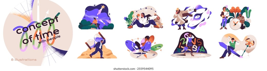 Concept of time set. People with watches, hourglass, clock faces. Characters organize, planning timetable. Deadlines, management and procrastination. Flat isolated vector illustrations on white