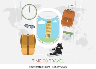 The concept is time to travel. Time to go on vacation. Porthole plane with a landscape outside the window, in a circle: a suitcase, clock, calendar, backpack, sneakers, glasses. Vector illustration.