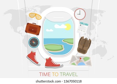 The concept is time to travel. Time to go on vacation. Porthole plane with a landscape outside the window, in a circle: a suitcase, clock, calendar, backpack, sneakers, glasses. Vector illustration.