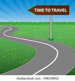 The concept of a time to travel. The road sign is wooden. Arrow. A winding road, sunny space, a forest and a meadow with flowers. Vector illustration.