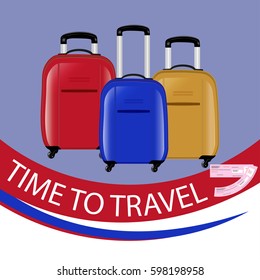 The concept of a time to travel. Three modern suitcases on wheels. Red, blue and yellow. Air tickets . Vector illustration.