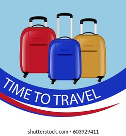 Concept time to travel. Three modern suitcases on wheels. Red, blue and yellow. Vector illustration.